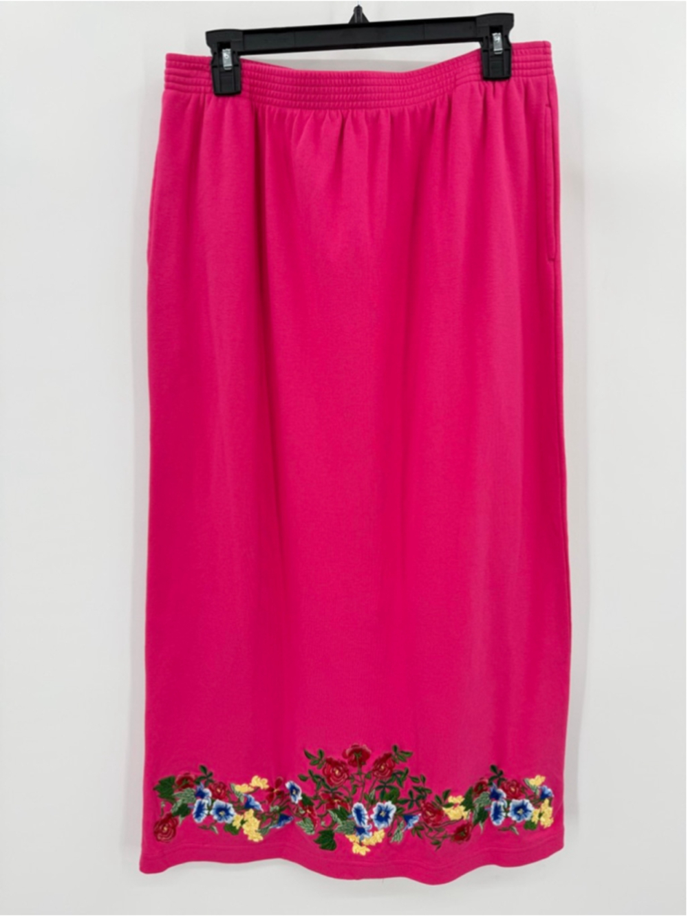 Pink Maxi Skirt Embroidered Multicolor Flowers Vintage 90s Cotton Knit Sz Large
